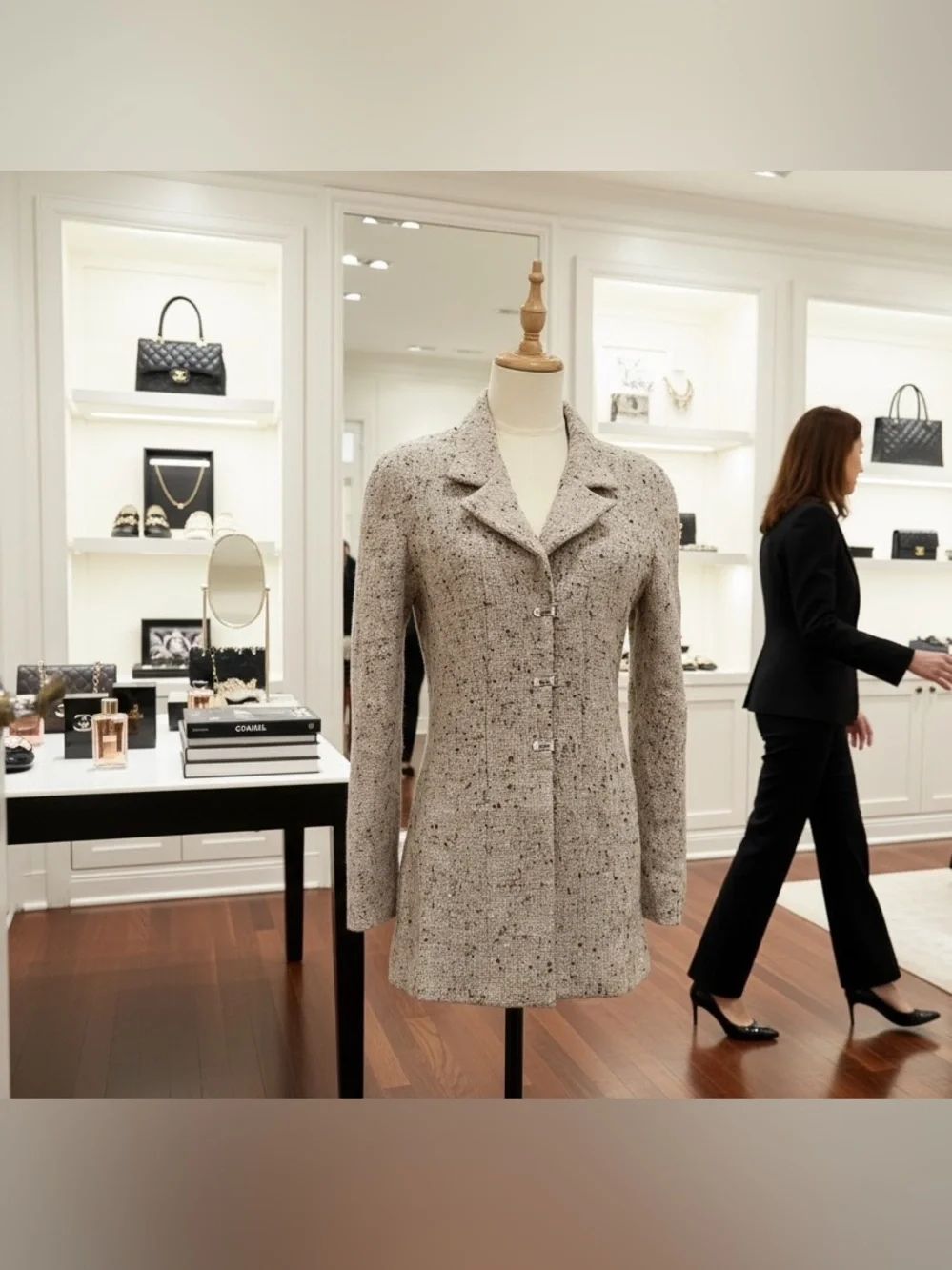 CHANEL Grey Speckled Tweed Blazer Coat